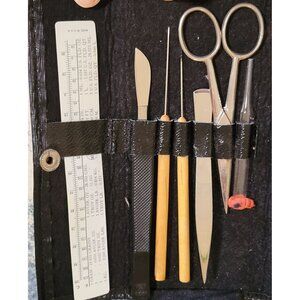 Vintage Black Leatherette Precision Dissecting Tool Kit Ruler Scalpels Tools 7x7